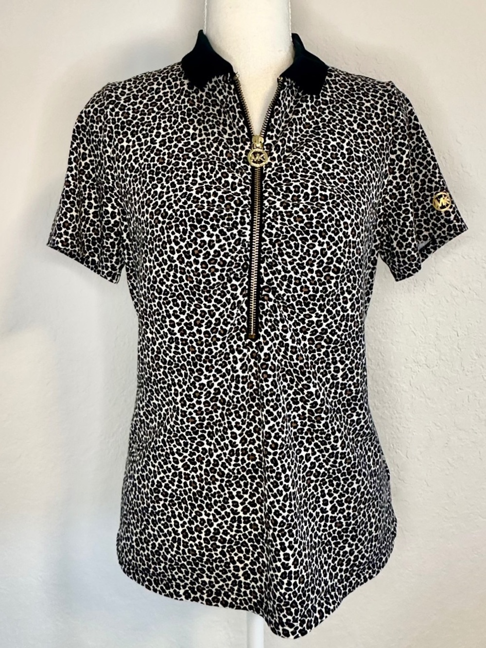 Michael Kors Woman's Leopard Print Zip Front Polo Shirt, Size M - Picture 1 of 10